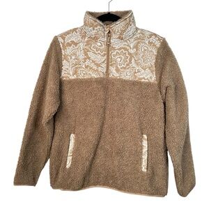 Vera Bradley Teddy Fleece Pullover Sweater Tan Cream Floral Zip Size Medium Cozy
